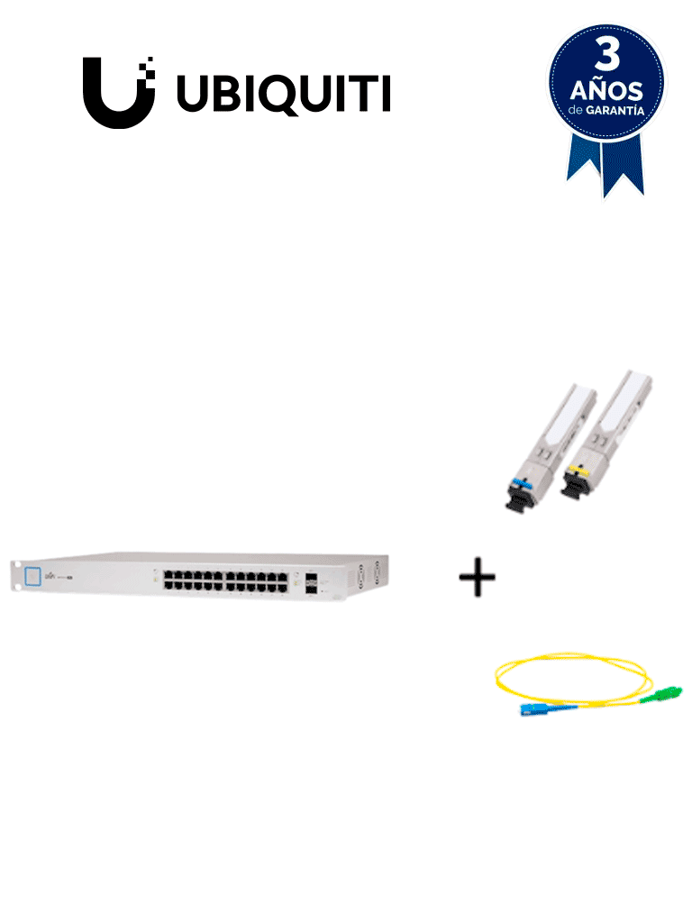 UBIQUITI US24250WPAQFIB - Paquete de Switch Poe 24 Puertos RJ45 y 2 Puertos SFP + Par de transceptores de fibra óptica SFP monomodo hasta 5km + Simplex 2 mm de 2 Metros #UB