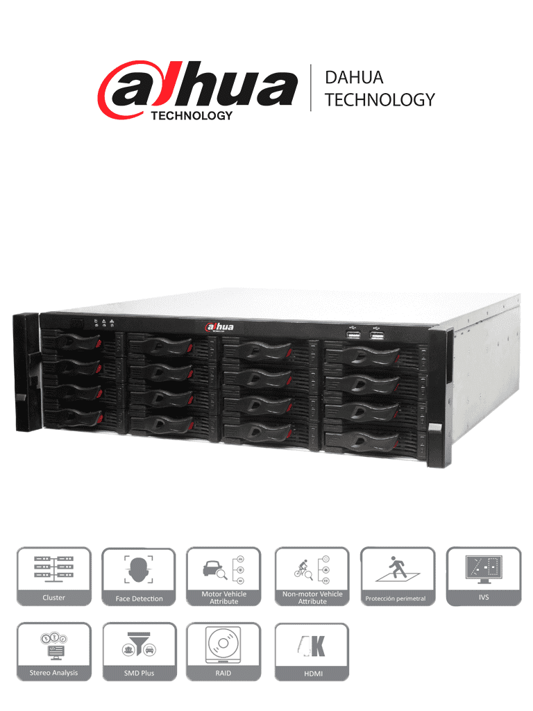 DAHUA NVR616-128-4KS2 - Super NVR 128 canales de video IP 4K / H265 / 2  HDMI / 16 Interfaz SATA / Rendimiento 384 Mbps / RA ID /  iSCSI / IVS / Smart TRACK/ #Proyectos