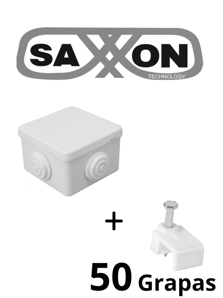 SAXXON SWD008LMG5MMC - Paquete de Caja de Conexiones 4 Entradas 80x80x50mm con Bolsa de Grapas Cuadradas de Pared de 6mm de alto Color Blanco 50 piezas