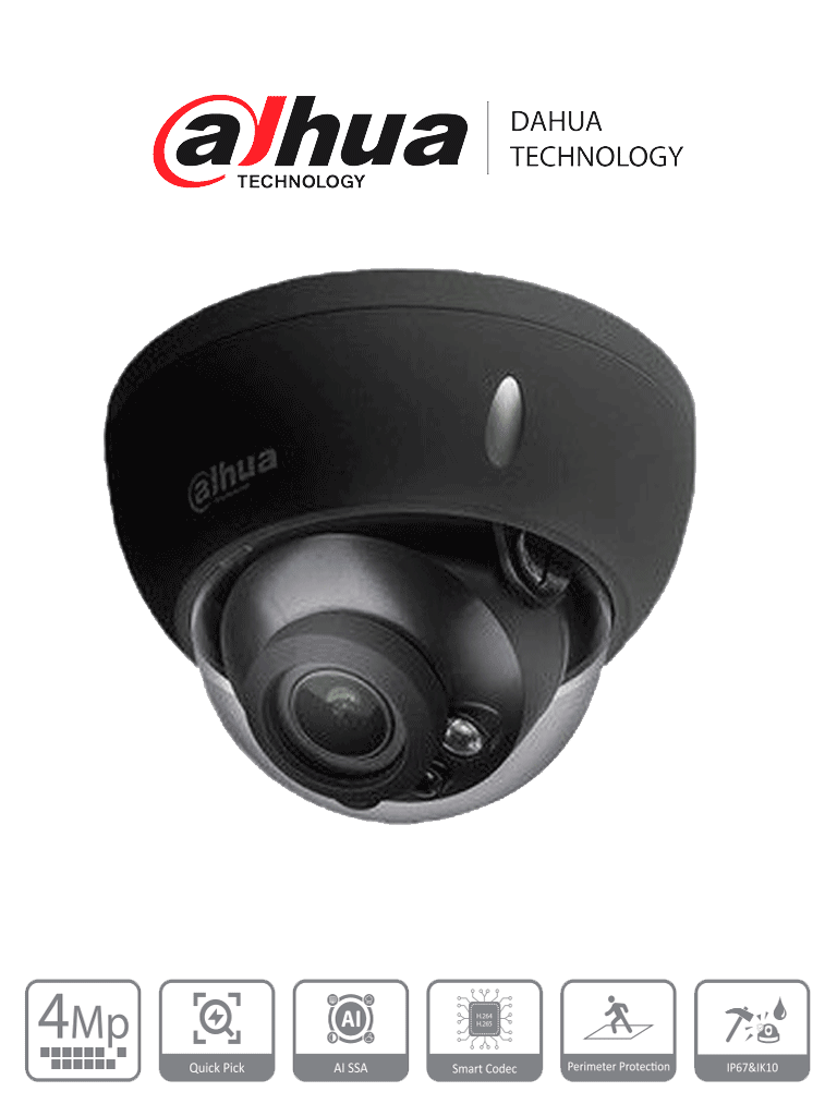DAHUA IPC-HDBW3441R-ZS (BLACK) - Cámara Domo IP de 4 Megapíxeles/ WizSense/ Lente Motorizado de 2.7-13.5mm/ H.265+/ IR de 40 Mts/ WDR Real/ Ranura para MicroSD/ IP67/ IK10/ PoE/ 