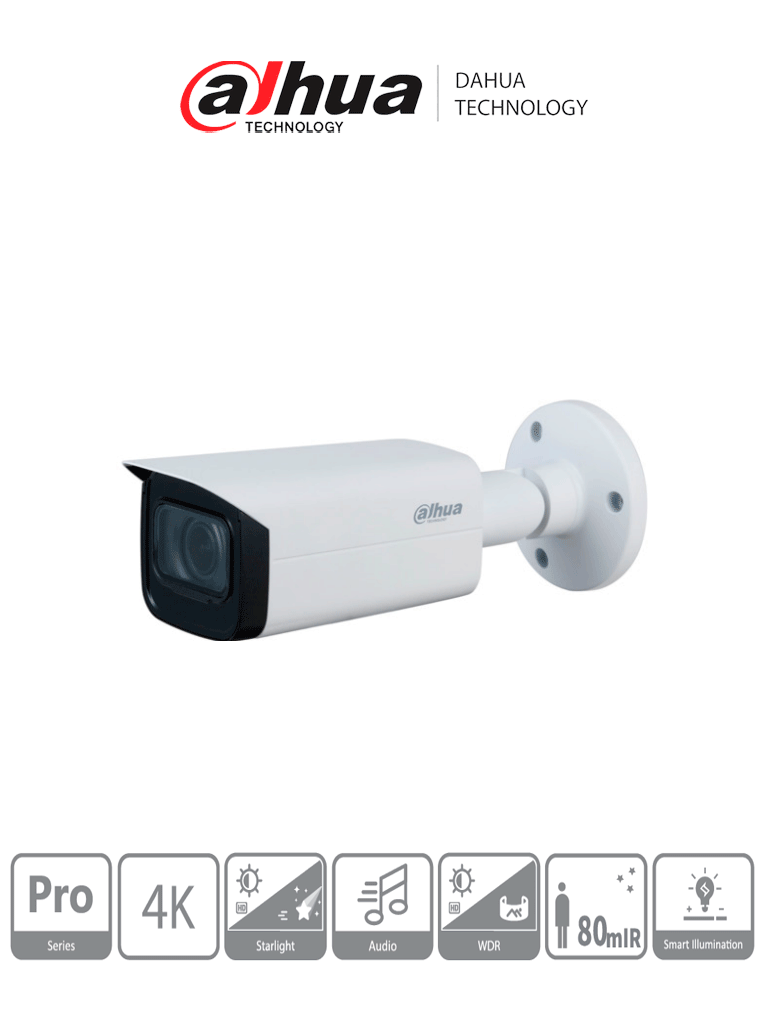 DAHUA HAC-HFW2802TU-Z-A - Cámara Bullet 4k Starlight/ 8 Megapíxeles/ Lente Motorizado 2.7 mm–13.5 mm/ 0.001 Lux color/ WDR Real 120dB/ Ir 80 Mts/ Micrófono Integrado + 1 Canal de Audio/ IP67/ 