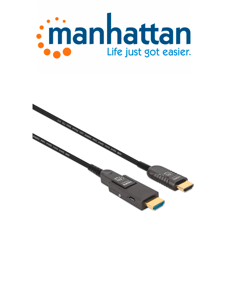 MANHATTAN 355193 - Cable Óptico Activo HDMI de Alta Velocidad / 4k@60Hz UHD, HDMI macho a Micro-HDMI macho (Tipo D) y HDMI macho (Tipo A) Desmontable, 30 m (100 pies), Certificado CMP/CPR, HEC, ARC, contactos bañados en oro, negro (Sobre Pedido)