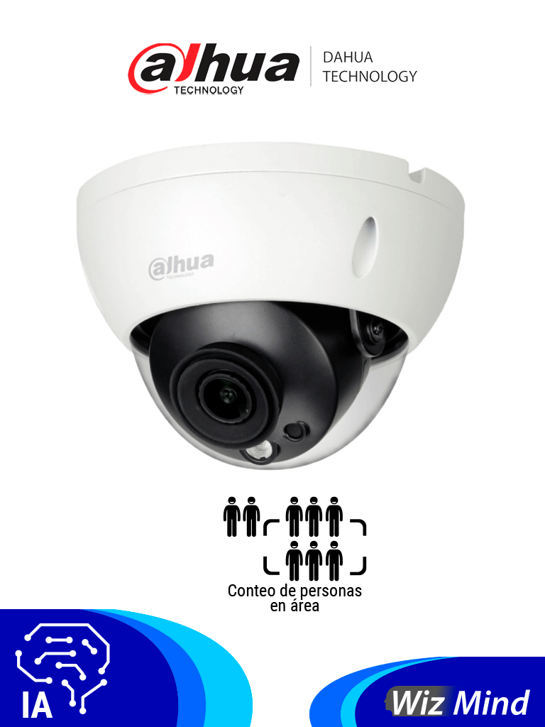 DAHUA IPC-HDBW5241RN-S-0280B - Cámara IP Domo Antivandálica Resolución de 2 MP/ Lente 2.8 mm/ ∢ 106°/ IR 50 mts/ IA WizMind/ Detección Facial/ Protección Perimetral/ Conteo de Personas/ Starlight/ PoE/ WDR/ H.265/ IP67/ IK10/ 