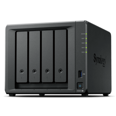 NAS DiskStation DS925+ / 4 Bahías / Expandible a 9 Bahías / 2 Puertos 2.5GbE / 2 Ranuras M.2 NVMe / AMD Ryzen V1500B / 4 GB DDR4 ECC / Hasta 565 MB/s Escritura Secuencial / Compatible con RAID / Synology DSM