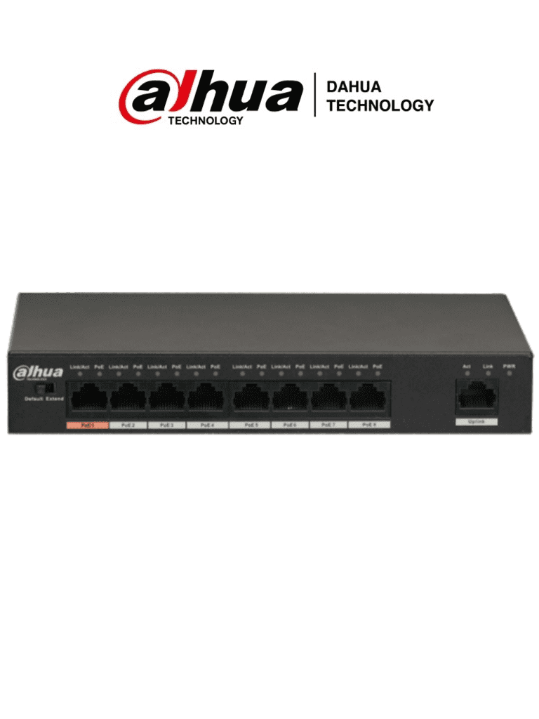 DAHUA DH-PFS3009-8ET-96 - Switch PoE de 8 Puertos/ Capa 2/ 1 Puerto 10/100 Base T/ 8 Puertos PoE 10/100 / 96 Watts Totales/ Protocolos Poe: IEEE802.3af (PoE), IEEE802.3at (PoE+), Hi-PoE/ Switching 1.8 Gbps/ Protección de Descargas/ 