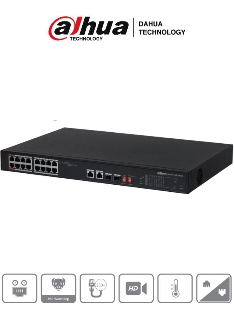 DAHUA PFS3218-16ET-135 - Switch Poe Ethernet de 18 puertos/ 16 puertos PoE 10/100 Mbps/ 135 Watts Totales/  2 Puertos SFP/ PoE Watchdog/ Switching 7.2 Gbps/ Tasa de Reenvio de paquetes 5.3568/