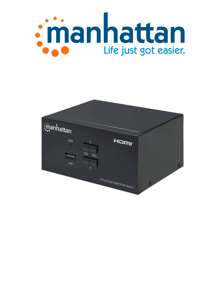 MANHATTAN 153522 - Switch KVM HDMI de 2 puertos para dos monitores / Conexiones HDMI de doble pantalla, 4K@30Hz, conexiones USB, conexiones de audio y micrófono de 3.5 mm, hub USB 2.0, negro (Sobre Pedido)