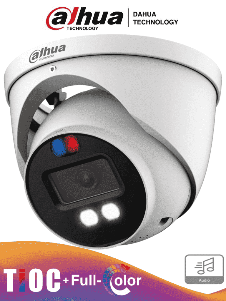 DAHUA HAC-ME1809H-A-PV - Camara Domo TiOC 4k/ Disuasión Activa/ Full Color/ Estrobo Azul y Rojo/ Lente de 2.8mm/ Luz de 40 Mts/ Microfono Integrado/ 1 Salida de Alarma/ Soporta: CVI/TVI/AHD/ IP67/ 