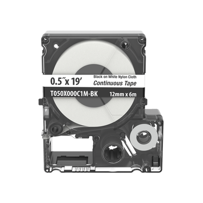 Casete de Etiquetas de Nylon de Cinta Continua, Color Negro Sobre Blanco, Uso Interior/Exterior, 12 (0.5 in) mm de Ancho x 6 Metros de Largo
