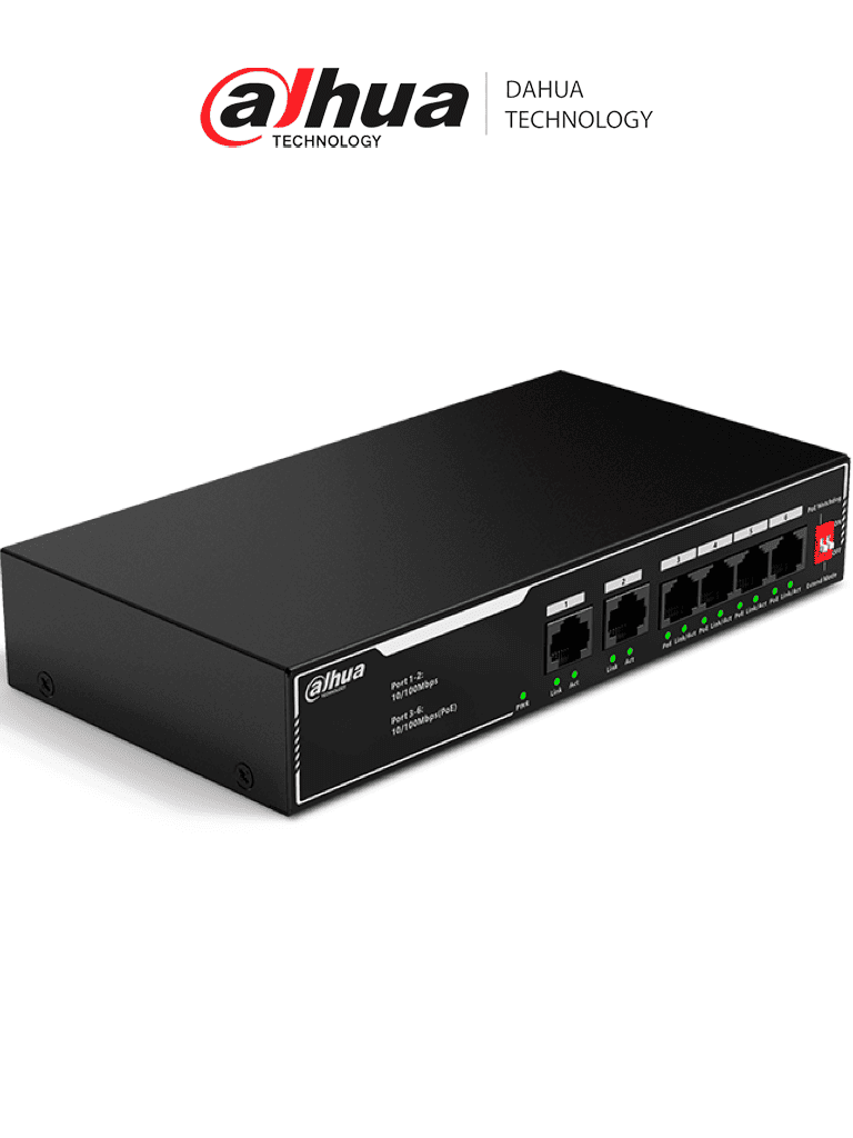 DAHUA  DH-SF1006LP - Switch PoE de 6 Puertos Fast Ethernet/ 4 Puertos PoE 10/100/ 36 Watts Totales/ 2 Puertos Uplink RJ45 10/100/ PoE Watchdog/ Soporta hasta 250mts sobre UTP CAT 6/ Protección Contra Descargas/