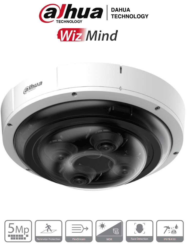 DAHUA IPC-PDBW82041N-B360 - Cámara IP Panorámica Resolución de 4 x 5 MP/ Lente Mot. 2.8 a 12mm/ ∢ 360/ IR 30 mts/ IA WizMind/ Detección Facial/ Protección Perimetral/ Starlight/ PoE/ WDR/ H.265+/ IP67/ IK10/ E&S Alarma/ E&S Audio/ 