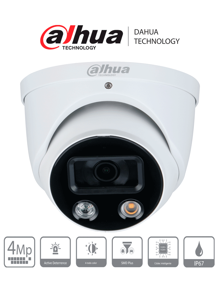 DAHUA DH-IPC-HDW3449H-AS-PV - Camara IP Domo TiOC de 4 Megapixeles/ WizSense/ Lente de 2.8 mm/ Angulo de 101 Grados/ Iluminador Dual/ Sirena/ Estrobo Azul y Rojo/IR 30m/ SMD 4.0/ Microfono Integrado/ Ranura MicroSD/  IP67/ PoE/ #LoNuevo