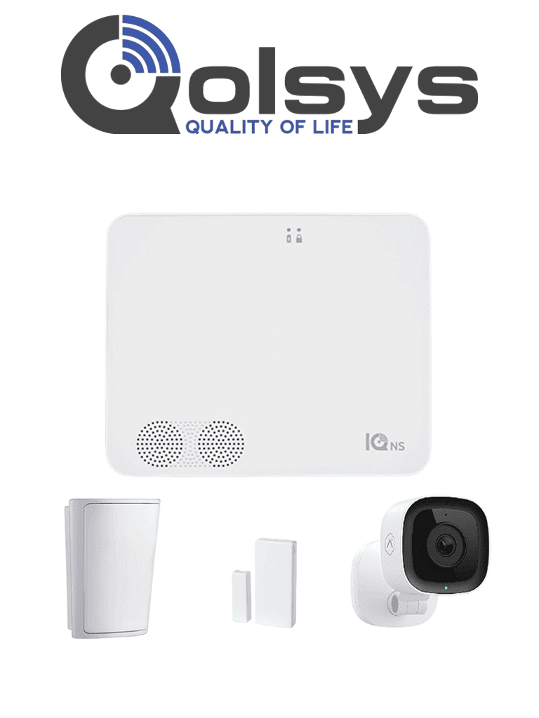 QOLSYS IQ4 NS Video Basico - Paquete que contiene Sistema de Alarma IQ 4 NS", Power G 915 Mhz  1 sensor PIR inalámbrico PG9914, 1 sensores magnéticos inalámbrico PG9303 y Cámara Interior alarm.com ADCV523