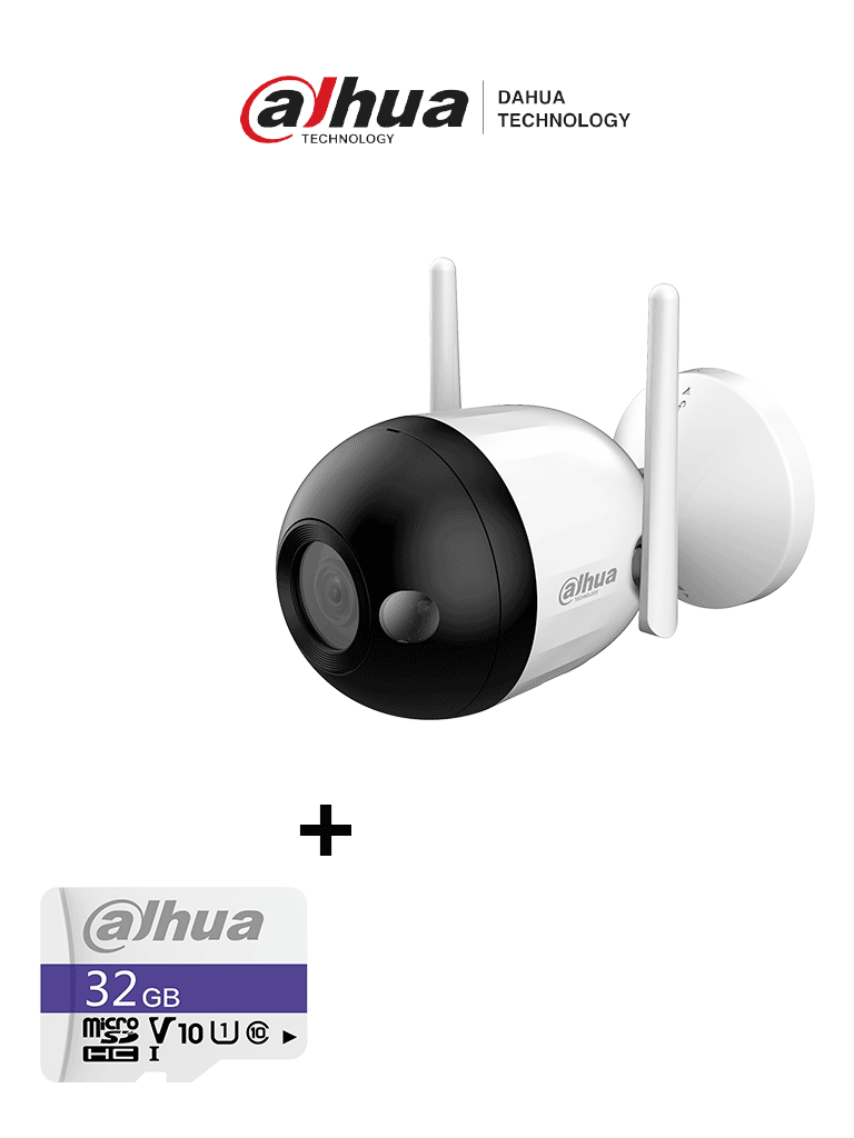 Bundle F2C-LED - Cámara IP Bullet Wifi de 2 Megapíxeles/ Full Color/ Microfono Integrado/ 30 Mts de Luz Visible/ Ranura para MicroSD/ IA con Detección de Humanos/ IP67/ + Memoria Micro SD  de 32GB/ #MiPrimerIP
