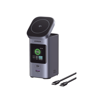 Power Bank de 25000mAh | 3 Salidas 145W Max. | USB-A + 2 USB-C | QI2 |  PD 3.0, QC3.0 | FCP | SCP | Pantalla Inteligente | Carcasa Ignifuga | Color Gris | Incluye Cable USB de 50cm | Carga tu Laptop de Manera Segura.