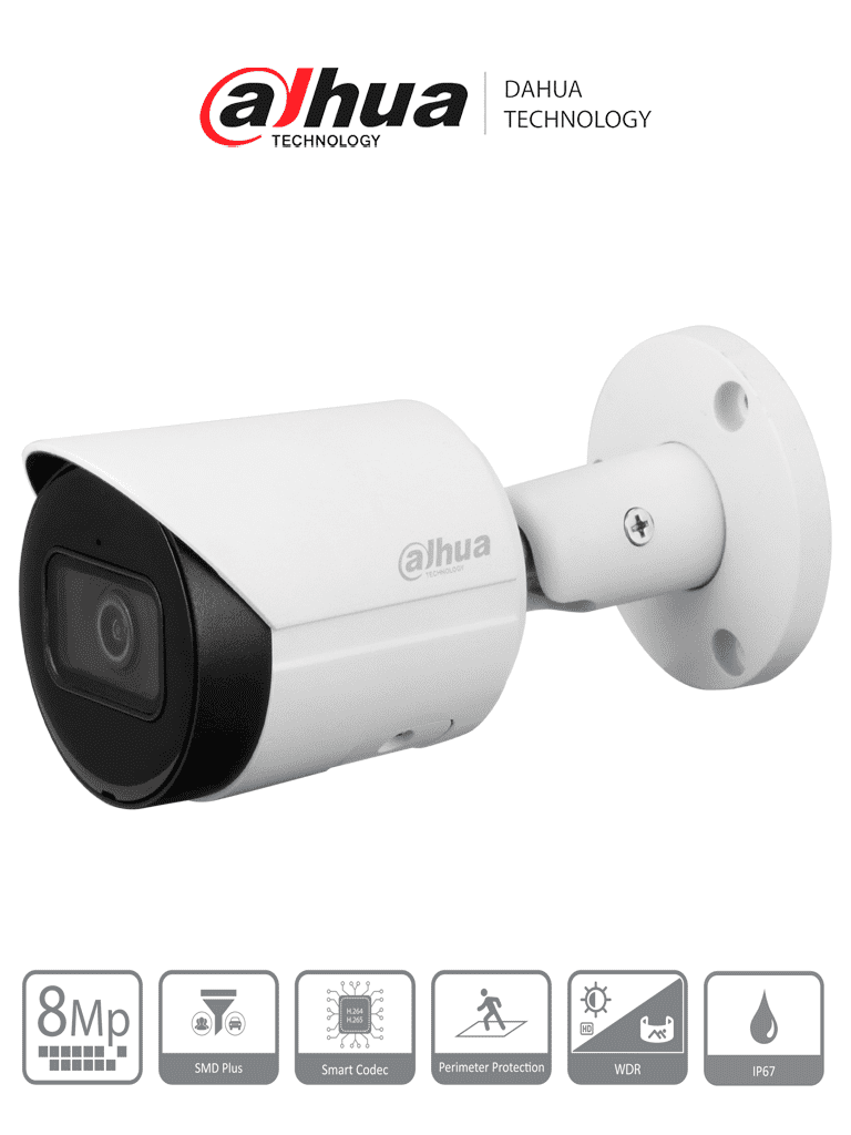 DAHUA DH-IPC-HFW2841S-S - Cámara IP Bullet 4k/ 8 Megapíxeles/ Lente de 2.8 mm/ 105 Grados de Apertura/ H.265+/ IR de 30 Mts/ Metálica/ WDR Real de 120 dB/ IP67/ Video analíticos con IVS/ Ranura para MicroSD/ PoE #IMD