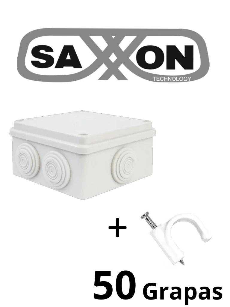 SAXXON SWD010LMGNCC5MMR - Paquete de Caja de Conexiones 7 Entradas 100x100x70mm con Bolsa de Grapas Redondas de Pared de 6mm de alto Color Blanco 50 piezas