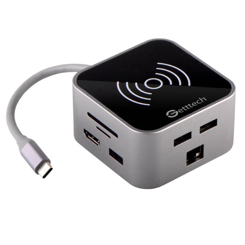 DOCKING STATION GETTTECH ADAPTADOR GHW-69401 RJ45/PD/TF SD/RJ45/USB/HDMI/THUNDERBOLT/CARGADOR INALAMBRICO USB