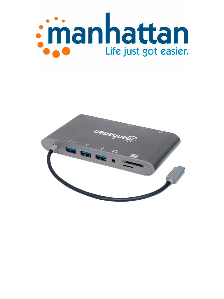 MANHATTAN 152808 - Estación Docking USB-C SuperVelocidad 7 en 1 USB 3.2 Tipo-C Macho a HDMI, Mini DP o VGA, Tres puertos USB 3.0 Tipo-A,Puerto USB-C PD, Gigabit Puerto RJ45, Lector Tarjetas SD y puerto de audio de 3.5 mm, Aluminio, Gris  (Sobre Pedido)