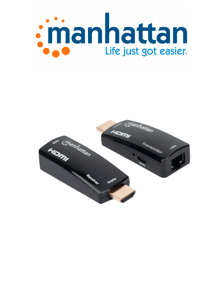 MANHATTAN - 207539 - Kit Extensor compacto de HDMI sobre Ethernet 60m Extiende distancias de señal de 1080p@60Hz hasta 60m (196 pies) con un solo cable Ethernet Cat6, Transmisor y Receptor, Power over Cable, Diseño Ultra Delgado, Negro