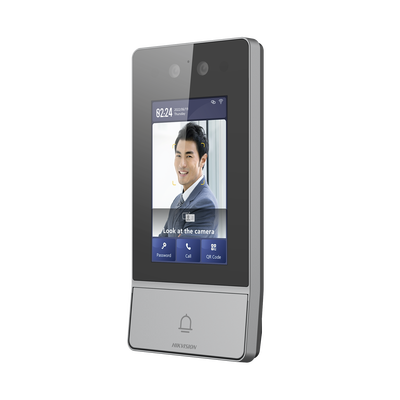 Videoportero IP 2 Megapixel / Llamada y Apertura Remota desde App Hik-Connect / Reconocimiento Facial / Panel touch 4.3"/ Exterior IP65 + Antivandalico IK08 / Botón mecanico de llamada / PoE / 1 Departamento / Apertura con Tarjeta, Codigo PIN 
