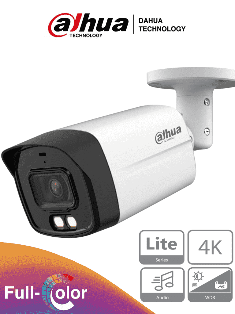 DAHUA HAC-HFW1809TLM-A-LED - Camara Bullet 4k Full Color/ 8 Megapixeles/ Lente de 2.8mm/ 106 Grados de Apertura/ Microfono Integrado/ 40 Metros de Iluminación/ Super Adapt/ WDR de 120 dB/ IP67/ Soporta: CVI/CVBS/AHD/TVI/ #FULLC 