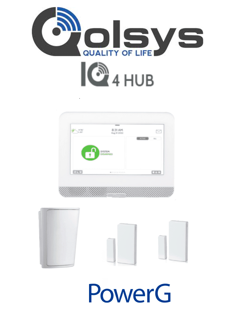 QOLSYS IQ4HUB PACK - Paquete que contiene Sistema de Alarma IQ HUB ALARM.COM autocontenido , con pantalla táctil de 7", Power G 915 Mhz  1 sensor PIR inalámbrico PG9914 y 2 sensores magnéticos inalámbricos PG9303 #PLANDEBENEFICIOS #LEÓN