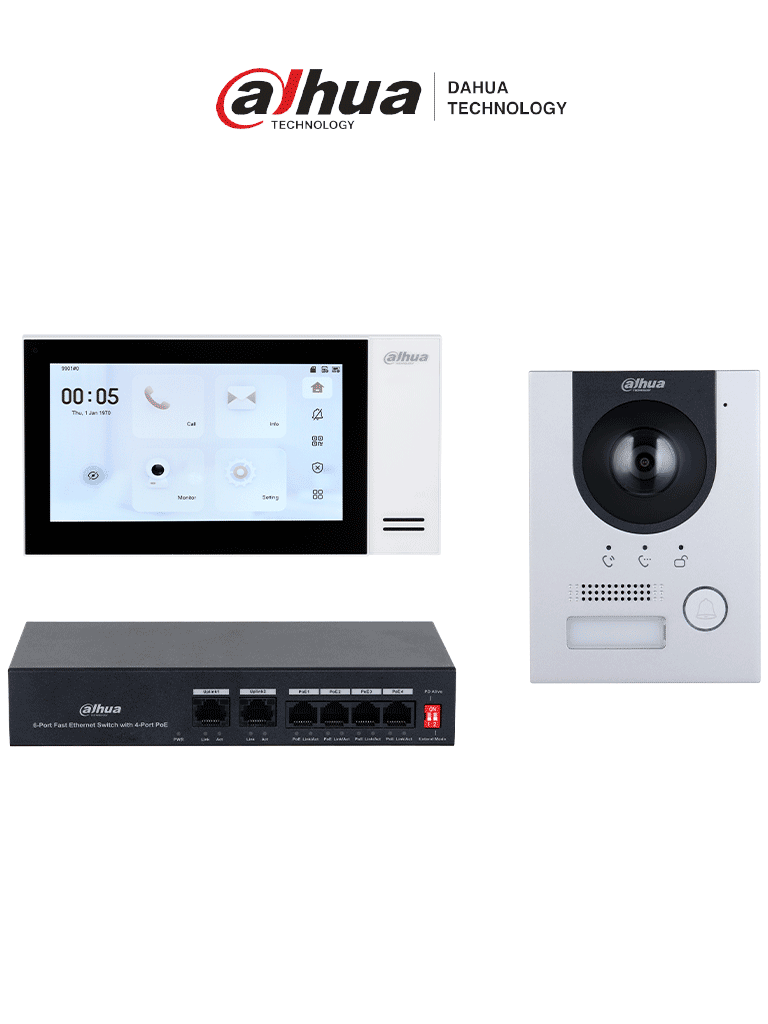 DAHUA KTP01L(S) - Kit de Videoportero IP con Frente de Calle Metálico Antivandálico  y cámara de 2MP. Incluye monitor táctil de 7", ranura SD, control de puerta, E/S de alarmas, y switch PoE de 6 puertos, 36W. Ideal para seguridad avanzada/ #VDP