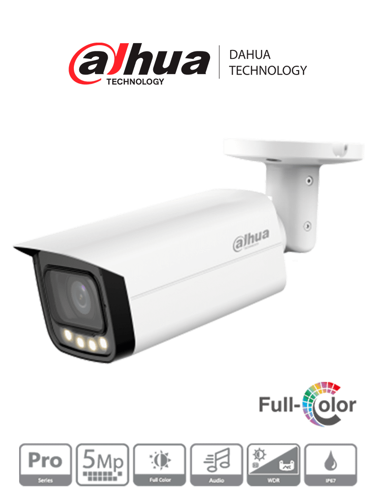 Dahua HAC-HFW2509TU-A-LED - Cámara Bullet Full Color de 5 Megapíxeles/ Lente de 2.8mm/ 111 Grados de Apertura/ 60 Metros de Iluminación/ Micrófono integrado/  WDR real 120dB/ 3D NR/ Super Adapt/ Micrófono integrado/ CVI/CVBS/AHD/TVI/ IP67