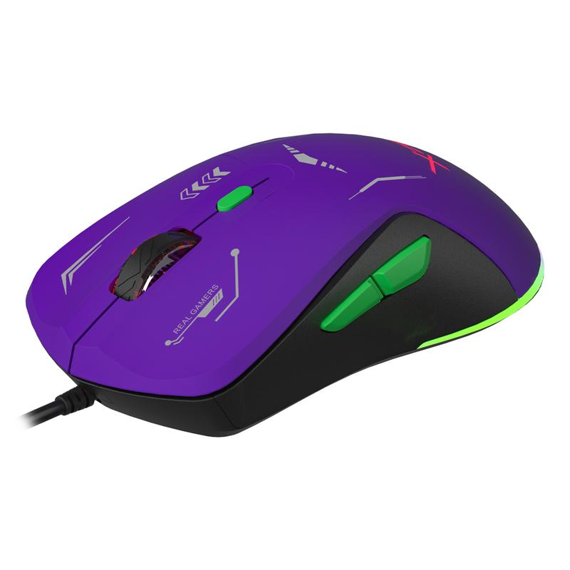 MOUSE GAMER RGB 7,200 DPI 6 BOTONES CONEXIÓN USB 1.5M MORADO-VERDE