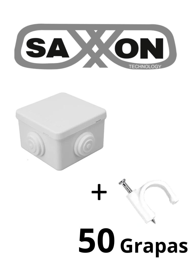 SAXXON SWD008LMGNCC5MMR - Paquete de Caja de Conexiones 4 Entradas 80x80x50mm con Bolsa de Grapas Redondas de Pared de 6mm de alto Color Blanco 50 piezas
