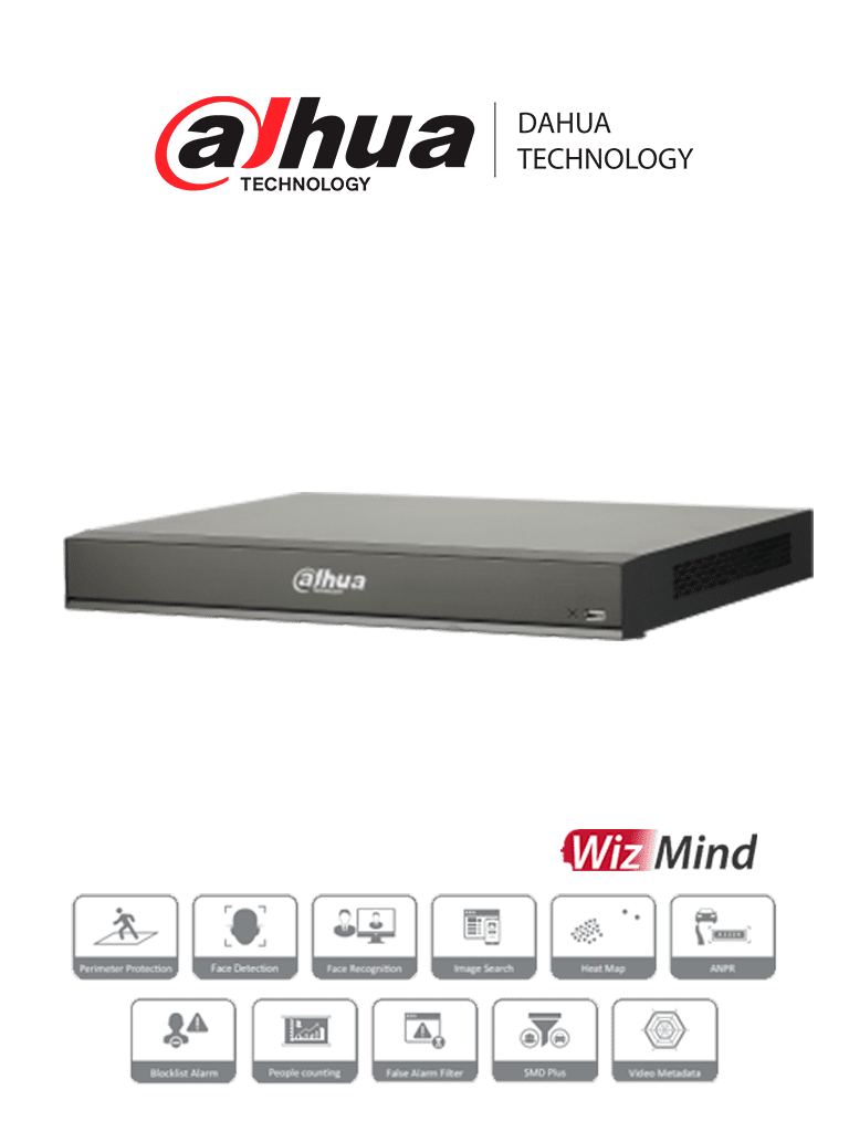 DAHUA DHI-NVR5216-16P-I/L - NVR de 16 Canales 4k/ WizMind/ 16 Puertos PoE/ H.265+/ 4  Canales de Reconocimiento Facial/ 20 Bases de Datos de Rostros/ 2 Bahías de Discos Duros/ Rendimiento de 320 Mbps/ 4&2 E&S de Alarma/
