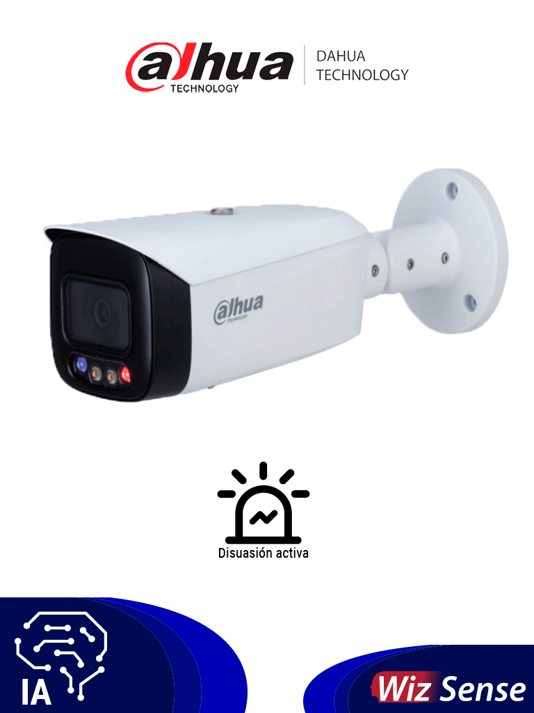 DAHUA IPC-HFW3249T1N-AS-PV-0360B - Cámara IP Bullet Resolución de 2 MP/ Lente 3.6 mm/ ∢ 107°/ LED 40mts/ IA WizSense/Det. de Mov. Inteligente/Prot. Perimetral/FullColor/TiOC/PoE/WDR/H.265+/IP67/Micrófono/Sirena/Estrobos/E&S Alarma/E&S Audio