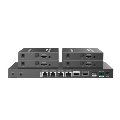 Kit Divisor y Extensor HDMI / Divide 1 Fuente HDMI a 4 Pantallas / Extiende la señal HDMI hasta 70 m / Resolución 4K @ 60 Hz/ Cat 6/6a/7 / IPCOLOR / CERO LATENCIA / Uso 24/7 / Puerto S/PDIF / EDID / RS232 / Salida Loop / Alimente solo el Tx 