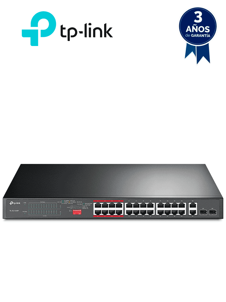 TP-LINK TL-SL1226P - Switch PoE+ no administrable con 26 puertos 10/100 Mbps, 2 puertos 10/100/1000 Mbps y 2 puertos SFP. Incluye 8 puertos extensores PoE (hasta 250 m) con una capacidad de 250W, diseñado específicamente para vigilancia IP.