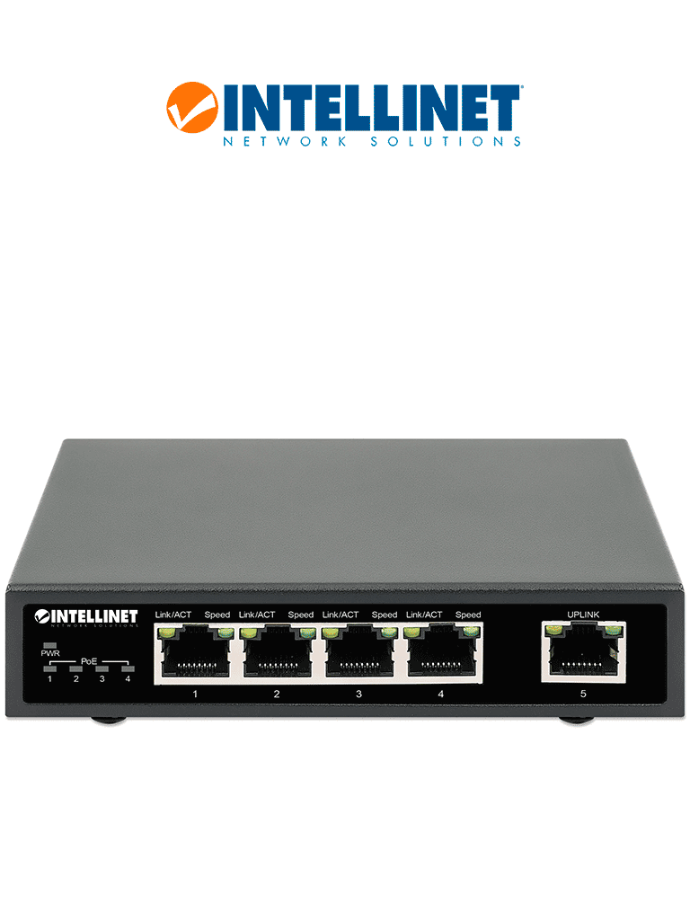 INTELLINET 561839 - Switch PoE+ de 5 puertos Gigabit, 4 puertos PoE IEEE 802.3at/af (PoE+/PoE), con 62W de presupuesto de energía, para escritorio #I&MBFIN