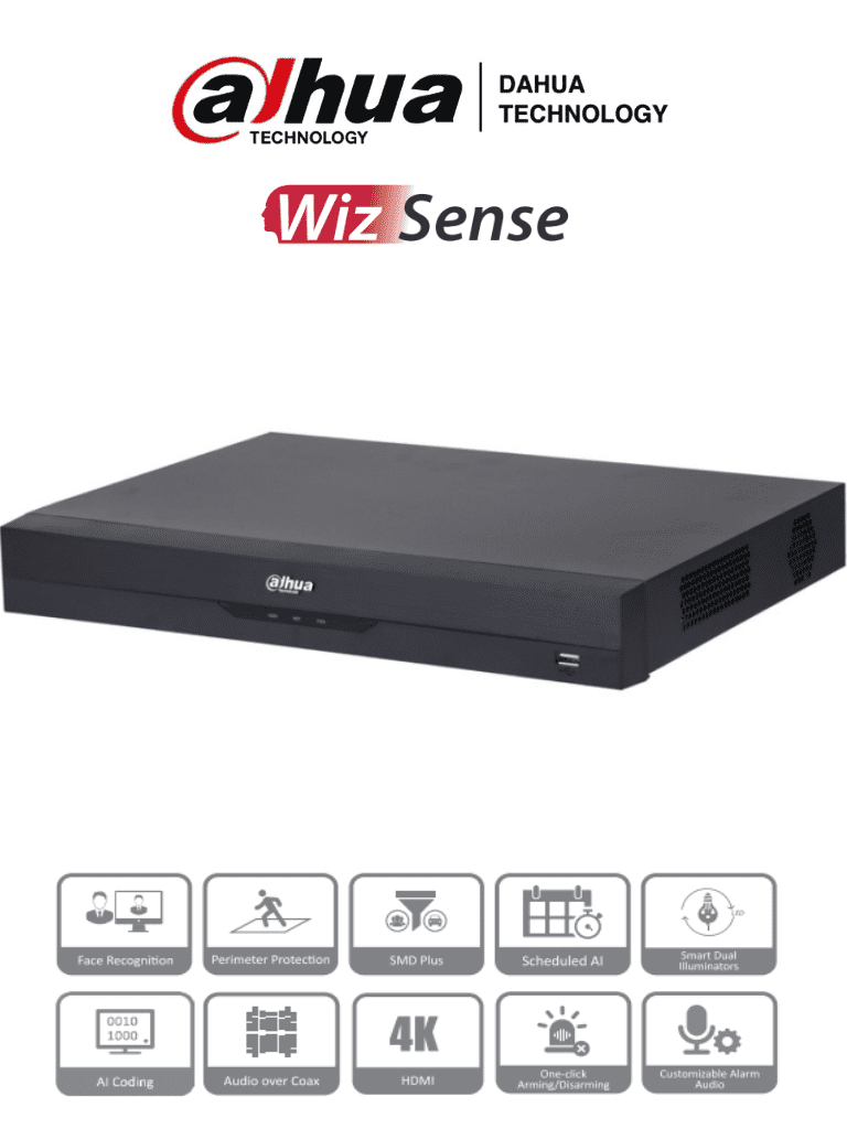 DAHUA XVR5216AN-4KL-I3 - DVR de 16 Canales 4k/ WizSense/ IA/ H.265+/ 2 Bahías de Disco Duro/ 16 Ch HDCVI + 16 IP (Hasta 32 IP)/ 2 Canales de Reconocimiento Facial/ SMD Plus/ Codificación IA/  Funciones IoT&POS/ Audio Bidireccional
