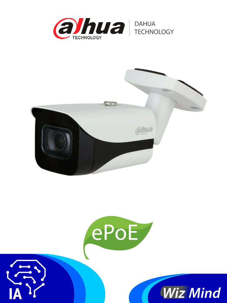 DAHUA IPC-HFW5541EN-SE-0280B - Cámara IP Bullet Resolución de 5 MP/ Lente 2.8 mm/ ∢ 102°/ IR 50 mts/ IA WizMind/ Detección Facial/ Protección Perimetral/ Conteo de Personas/ Starlight/ ePoE/ WDR/ H.265+/ IP67/ 