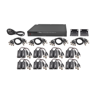 Kit de 16 canales para transmisión de ALIMENTACION ( de 36 Vcc a 12 Vcc) y video (HD-TVI) a distancias de hasta 250 m.