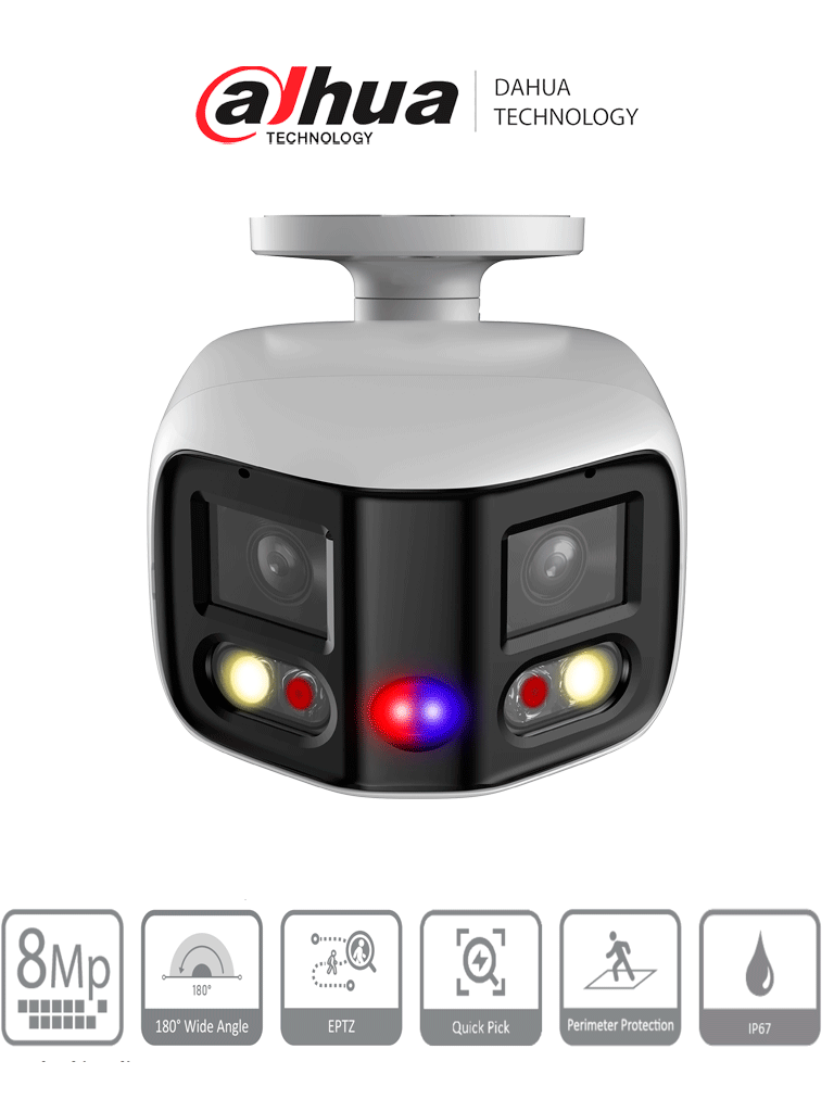 DAHUA IPC-PFW3849S-A180-AS-PV Cámara IP Bullet WizSense 2x4MP con visión de 180°, MultiVision, LED IR 25m y luz cálida 20m. Disuasión activa con micrófono dual y altavoz integrado, EPTZ, SMD 4.0, PoE, IP67, y ranura MicroSD. Ideal para seguridad avanzada.