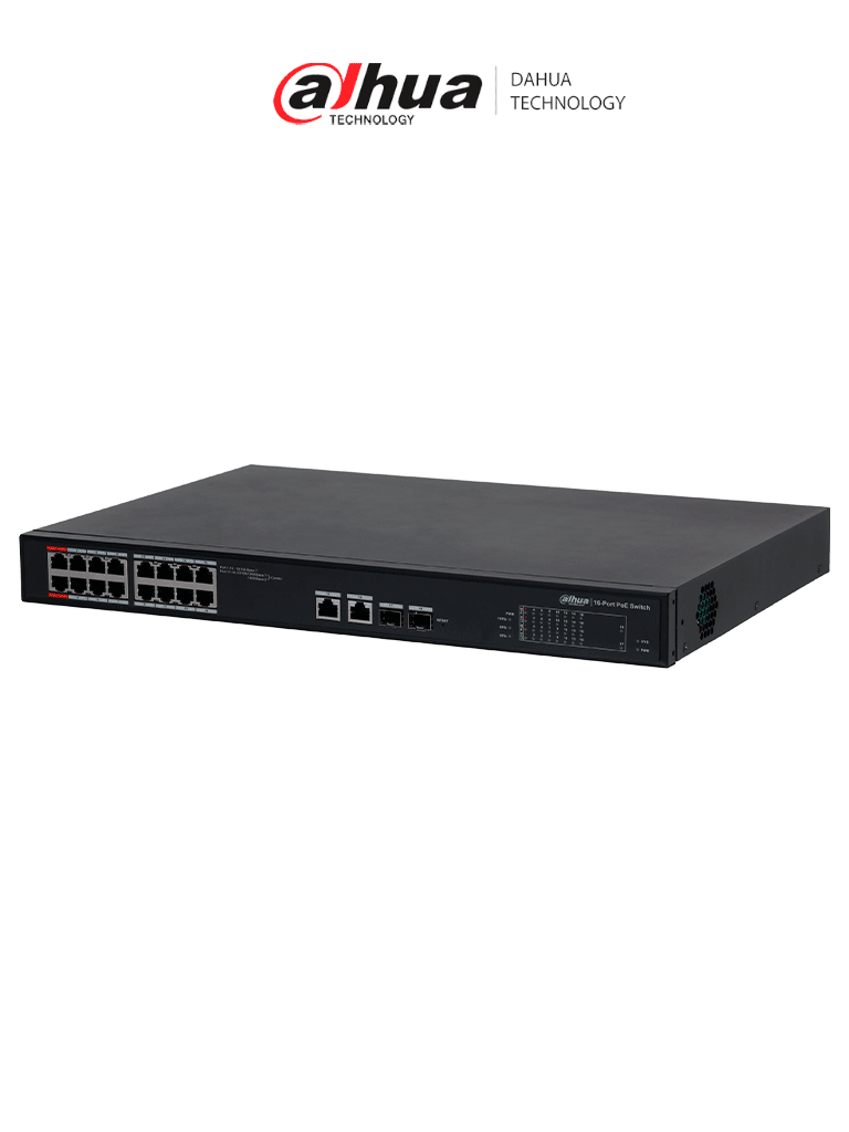 DAHUA DH-S4101-16ET2GF-240-C  Switch PoE Administrable en la nube de 18 Puertos Ethernet/ 16 Puertos PoE/ 240 Watts Totales/ 2 Puertos SFP/2 Puertos Uplink/ PoE Watchdog/ Switching 7.2 Gbps/ Plataforma Dolynlk care 