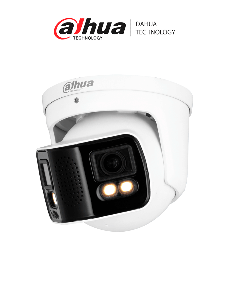 DAHUA IPC-PDW5849-A180-E2-ASTE Cámara IP Full Color con visión de 180° y doble lente de 4 MP. Ofrece protección perimetral, mapa de calor, conteo de personas, y LED de 40m. Cuenta con multivisión, WizMind, audio bidireccional, ePoE, H.265 e IP67. 