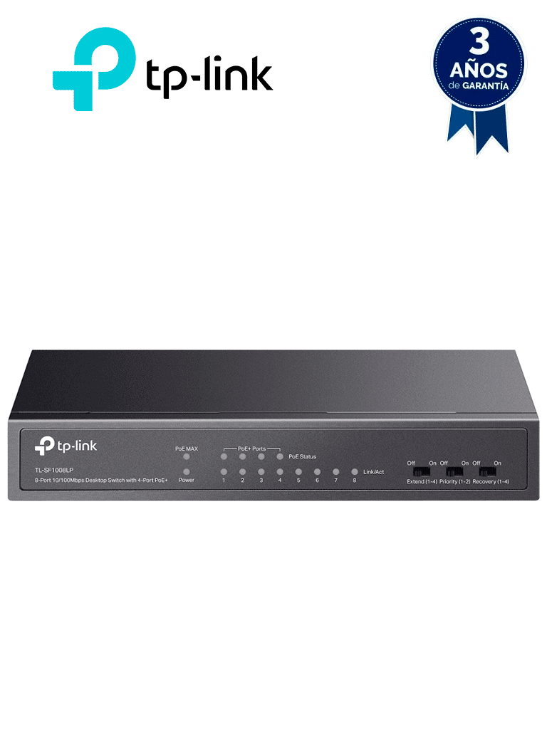 TP-LINK TL-SF1008LP - Switch PoE no administrable con 8 puertos Fast Ethernet, incluidos 4 puertos PoE AF. Ofrece un presupuesto PoE de hasta 41W y soporta modo extendido para conexiones de hasta 250m. #MCI2  #TPMCIQ2