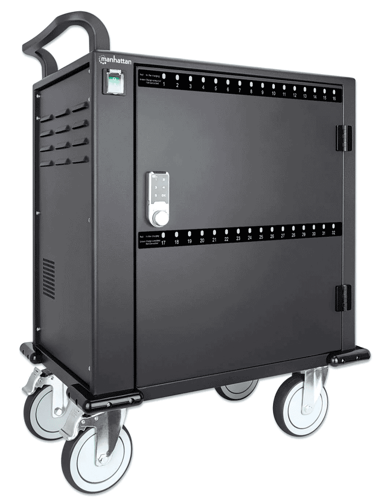 MANHATTAN - 716000 - Gabinete móvil carga profesional / 32 puertos, compartimientos espaciosos teléfonos y tabletas, 576 W total, 18 W por puerto, bloqueo código PIN, protección sobretensiones, ventilación silenciosa, carcasa metal, negro #PROMOMAYO
