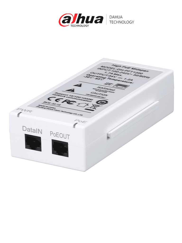 DAHUA PFT1200 - Inyector Hi-Poe Midspan Gigabit/ Soporta PoE/PoE+/ Soporta Hi-PoE 60 Watts para PTZ/ Indicadores Led de Status/ Funciona con Extensor: PFT1300 para conexión en Cascada/ Instalación en Pared/ 