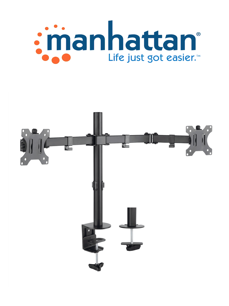 MANHATTAN 461528 - Soporte universal para 2 monitores con brazos de doble articulación / Color negro / 13" a 32" / Hasta 8Kg  / Inclinación de ±45° / Rotación de ±180° / Construído en acero / VESA 