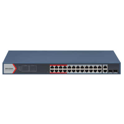 Switch  PoE+ / Monitoreable / 24 Puertos 100 Mbps PoE+ / 2 Puertos 1000 Mbps + 2 Puertos SFP de Uplink (COMBO) / Configuración Nube Hik-Partner Pro / Modo Extendido hasta 300 Metros / 370 Watts