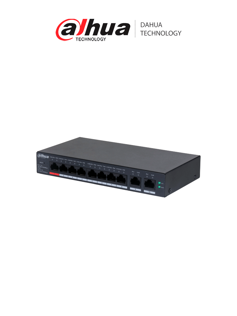 DAHUA DHCS40108GT110 - Switch de 10 Puertos Gigabit / 8 Puertos PoE / 2 Puertos Uplink 10/100/1000/ 110 Watts Totales / Switching 20 Gbps / Tasa de Reenvio de Paquetes 14.88 Mbps / PoE Watchdog / Plataforma DoLynk Care 