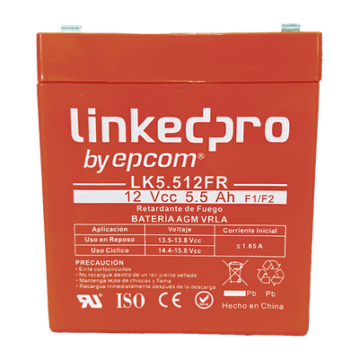 Batería 12 V / 5.5 Ah / UL / Tecnología AGM / Vida útil promedio de 5 años / Retardante a la Flama / Para uso en equipo electrónico, Alarmas de Intrusión / Incendio/ Control de acceso / Video Vigilancia / Incluye 