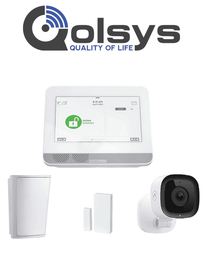QOLSYS IQ4 HUB Video Basico - Paquete que contiene Sistema de Alarma IQ 4 HUB , con pantalla táctil de 7", Power G 915 Mhz  1 sensor PIR inalámbrico PG9914, 1 sensores magnéticos inalámbrico PG9303 y Cámara Interior alarm.com ADCV523